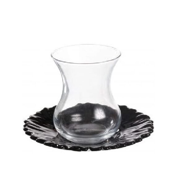 Pasabahce Aurora - Turkse Theeglazen Met Zwarte Schoteltjes - Set van 6 - 155 ml