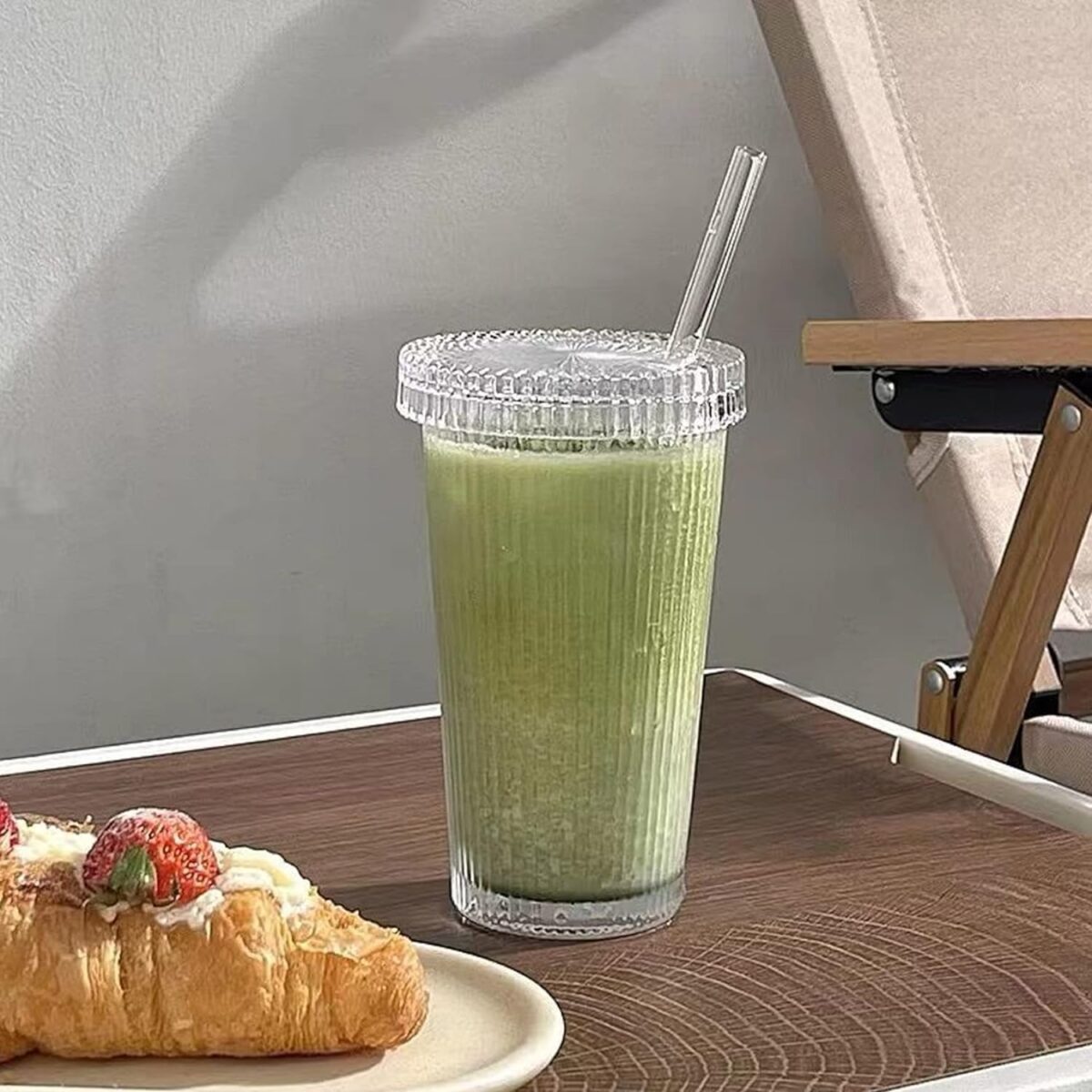 Geribbelde Glazen Beker Met Deksel + Rietje - 375ml - Geribbelde Verticale Gestreepte Glazen Koffiemok Met Stro en Deksel - Smoothie ijskoffie mug tumbler smoothie cups - Afbeelding 3