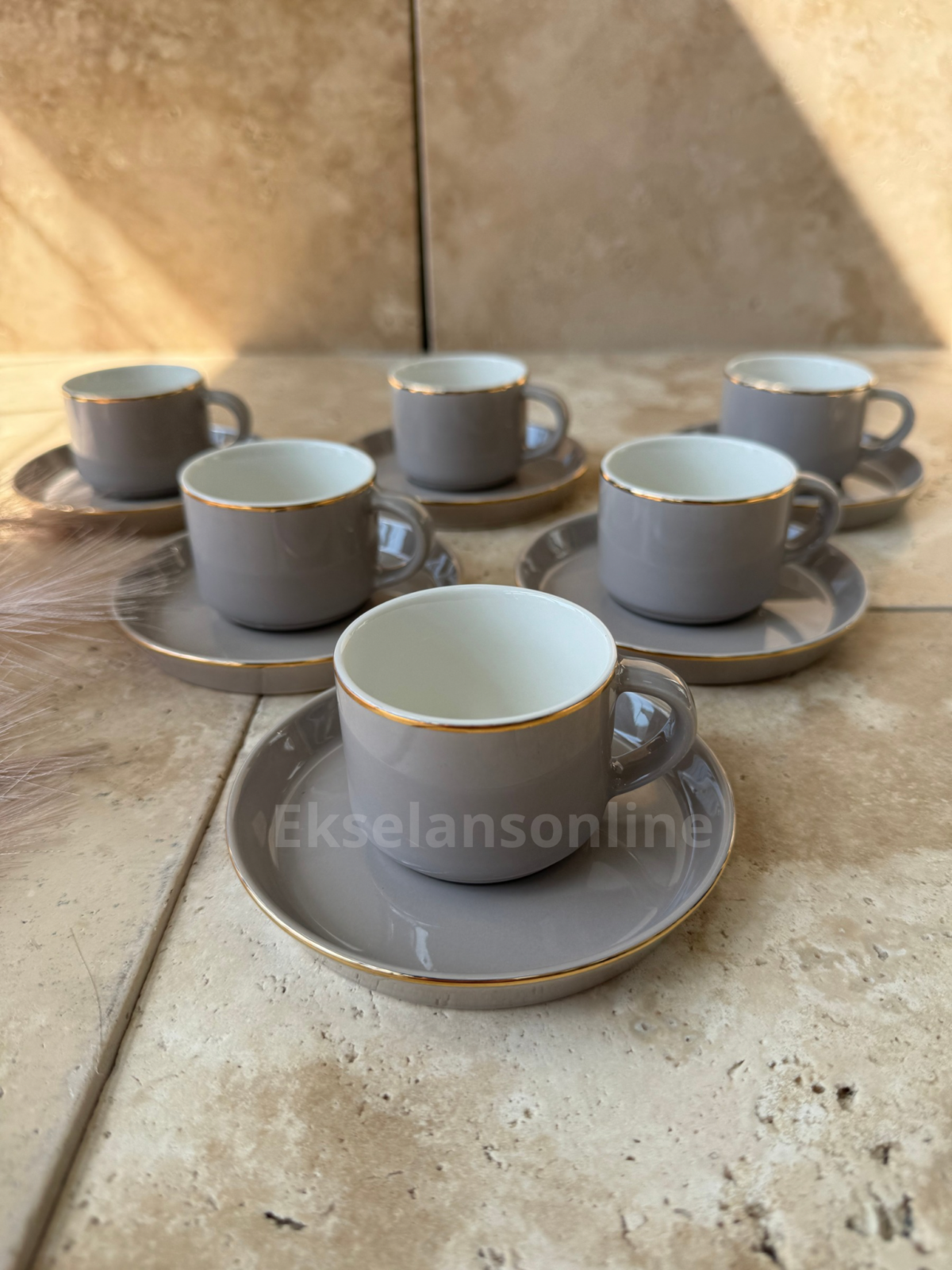 Bricard Lunel - Porseleinen Espressokopjes + Onderzetters - 12-Delig - Taupe - 6 Persoons - 90 ml - Afbeelding 1