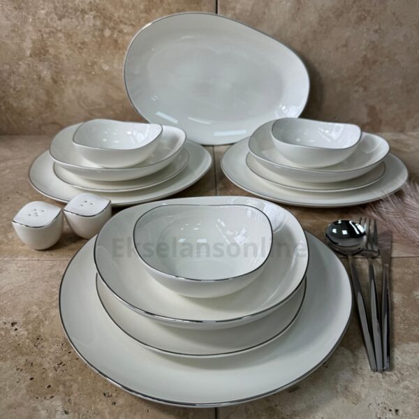 Bricard Melun – Porseleinen Dinerset/Serviesset – 27-Delig – 6-Persoons – Wit/Zilver