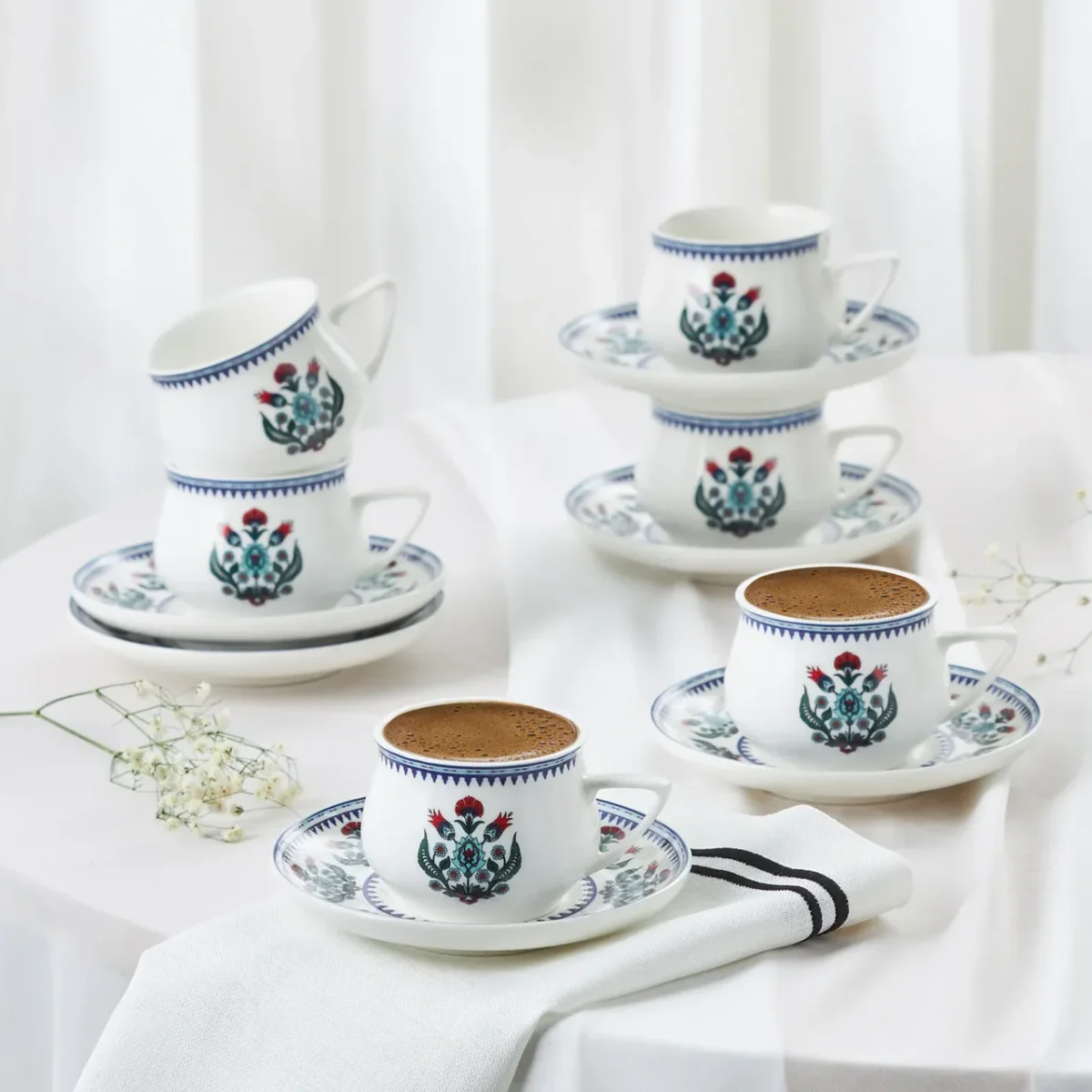Karaca Cini - Porseleinen Espresso Kopjes & Onderzetters - 90 ml - Set van 6 - Görsel 3