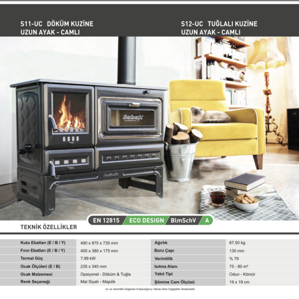 S12UC  Sabah Open Haard Met Oven (Op Voet) – Houtkachels met Vuurvaste Steen– Gietijzer Haardkachel- Mat Zwart – 7,99 KW – Inclusief Haak en Schraper
