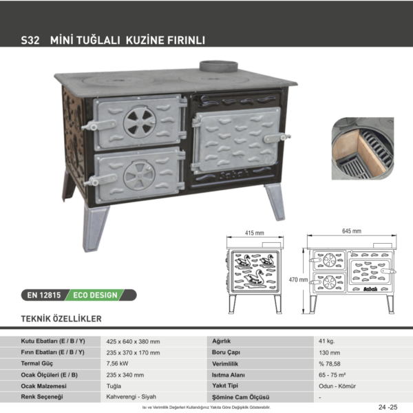 S32 Sabah Mini Kuzine Soba – Pizzaoven – Ideale Houtoven Voor Buitenkeuken – Boordoven en Tuinoven – Gietijzeren Kachel – Brandende Openhaard – Fornuis – Boerderijkachel met oven Keukenoven – Terraskachel – Houtkachel – Bruin