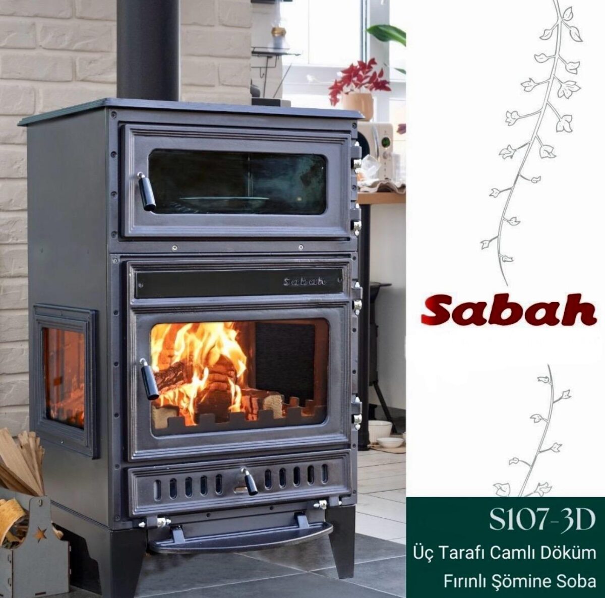 S107/3D Sabah Open Haard Met Oven – Drie-Raams Haard - Houtkachels – Gietijzer Haardkachel- Mat Zwart – 15,87 KW – Inclusief, Bakplaat, Ovengrill, Haak ,Schraper en Kachelpijpen - Image 2