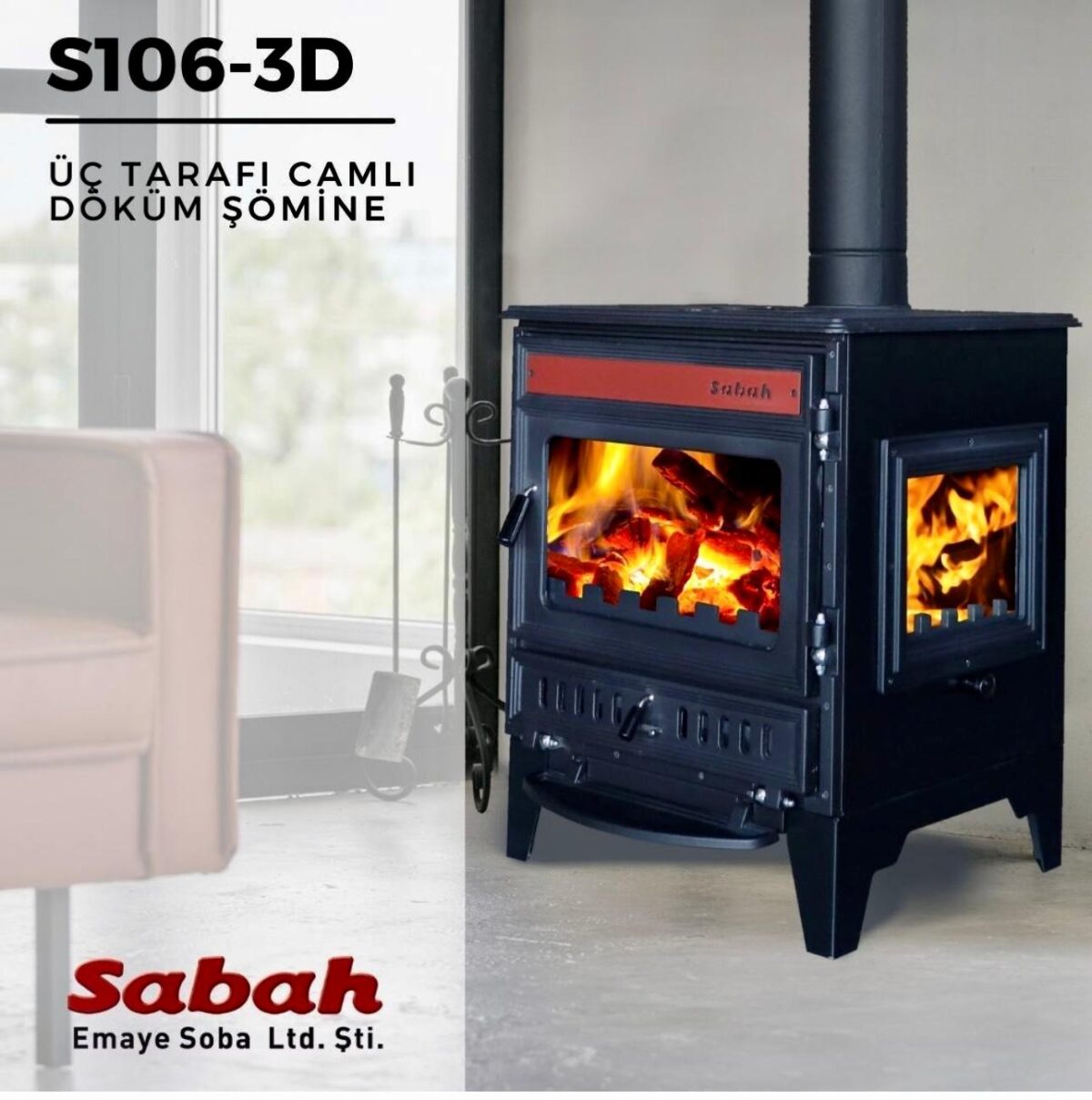 S106-3D Sabah - Gietijzeren Haardkachel -Met Glas Aan Drie Zijden - Houtkachel - Houthaarden - Openhaard - Inclusief kachelpijpen - Rode Details + Matzwart - 15,21KW - – Image 9