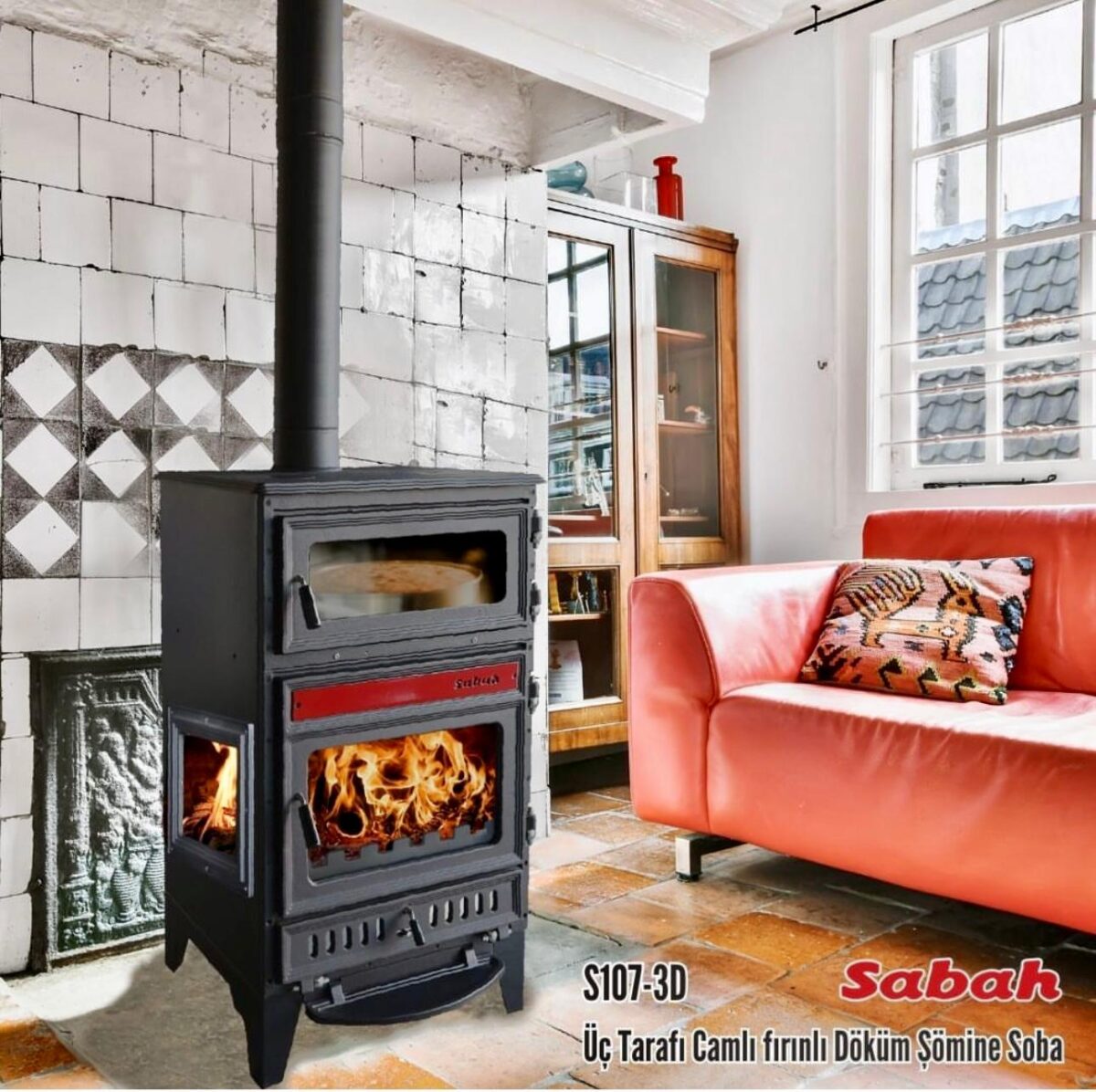 S107/3D Sabah Open Haard Met Oven – Zwart/rood - Drie-Raams Haard – Houtkachels – Gietijzer Haardkachel – 15,87 KW – Inclusief, Bakplaat, Ovengrill, Haak ,Schraper en Kachelpijpen - Image 2