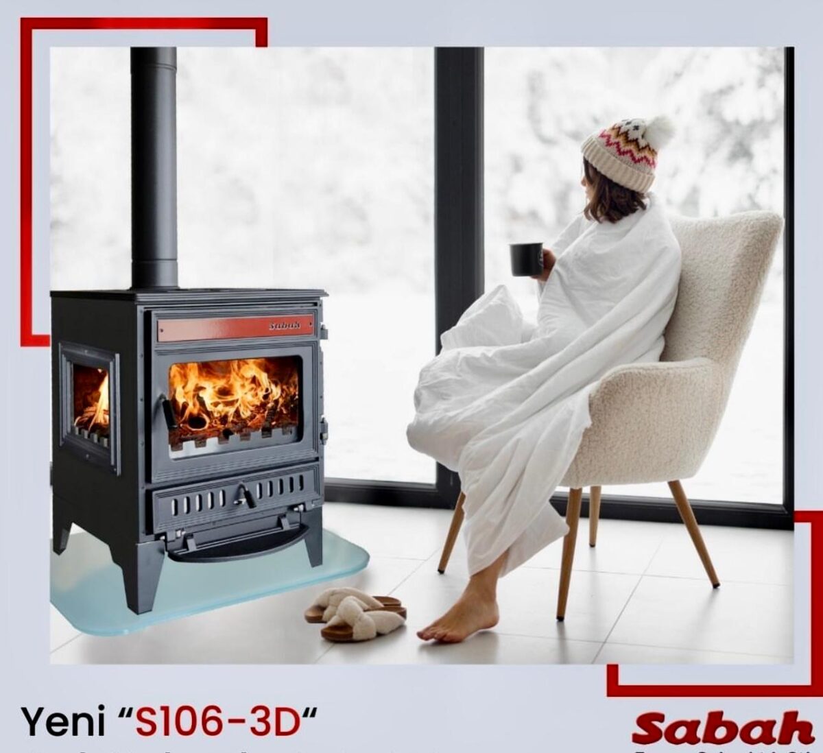 S106-3D Sabah - Gietijzeren Haardkachel -Met Glas Aan Drie Zijden - Houtkachel - Houthaarden - Openhaard - Inclusief kachelpijpen - Rode Details + Matzwart - 15,21KW - – Image 8