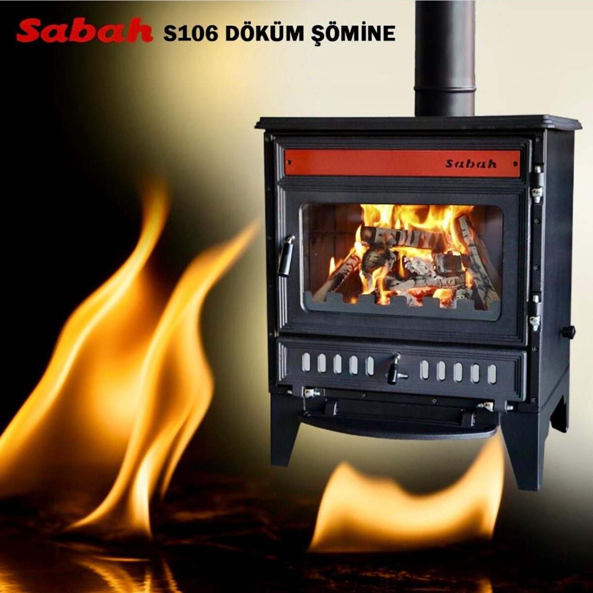 S106-3D Sabah - Gietijzeren Haardkachel -Met Glas Aan Drie Zijden - Houtkachel - Houthaarden - Openhaard - Inclusief kachelpijpen - Rode Details + Matzwart - 15,21KW - – Image 7