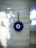Ekselans EK-358 - Decoratieve Wandhanger – 27 cm Ø – Met 14 cm Natuurtouw – Blauw Glas