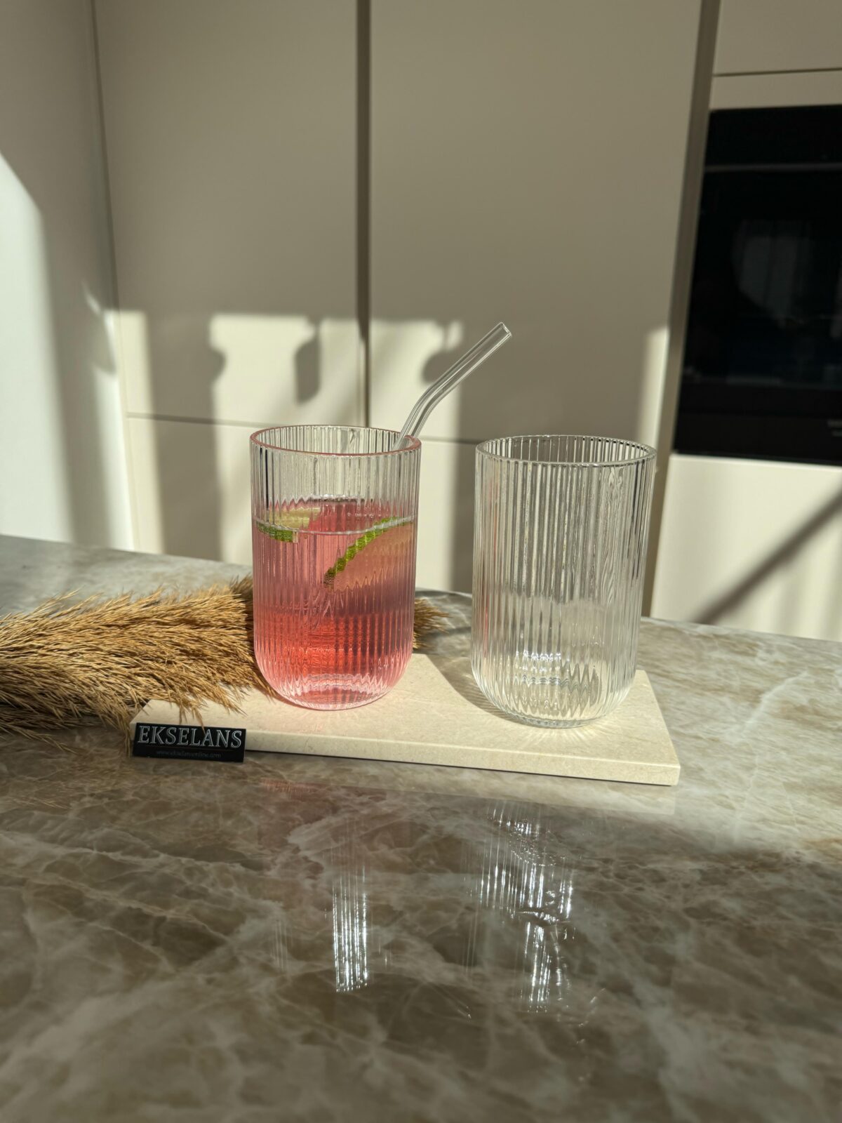 Ekselans -  Geribbelde Longdrinkglazen - 400 ml - Set van 6 - Glas - Image 1