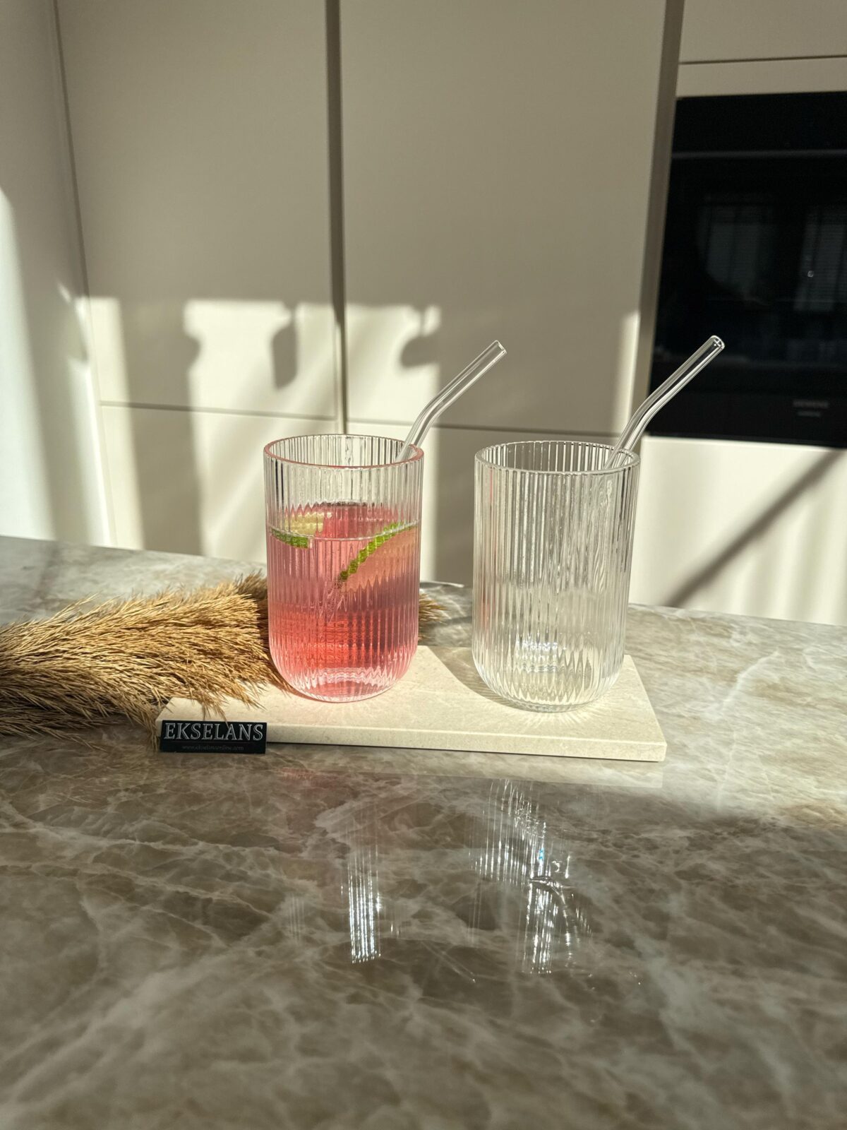 Ekselans -  Geribbelde Longdrinkglazen - 400 ml - Set van 6 - Glas - Image 2