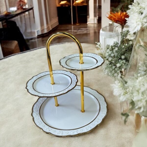 Ekselans EK-544 - 3-Laags Etagere - Porselein - Gouden details - Decoratief - 33 cm