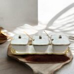 Ekselans EK-529 - Porseleinen Kruidenpotjes met Onderzetter - Set van 3 - Inclusief lepels - Wit/Goud – Bild 2