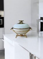 Ekselans EK-543 - Porseleinen Ronde Soepterrine – Met Deksel & Gouden Standaard – 30 x 24 cm