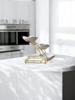 Ekselans EK-540 - Gouden Standaard met 3 Witte Schaaltjes – Bladmotief – ø 20 cm - 32 x 36 cm - Afbeelding 2