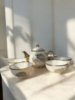 Ekselans EK-536 - Porseleinen Koffiepot en 6 Schalen Set – Wit met Gouden Details – Ø 11 cm - Afbeelding 3