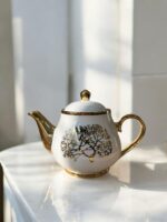 Ekselans EK-536 - Porseleinen Koffiepot en 6 Schalen Set – Wit met Gouden Details – Ø 11 cm