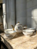 Ekselans EK-536 - Porseleinen Koffiepot en 6 Schalen Set – Wit met Gouden Details – Ø 11 cm - Afbeelding 2