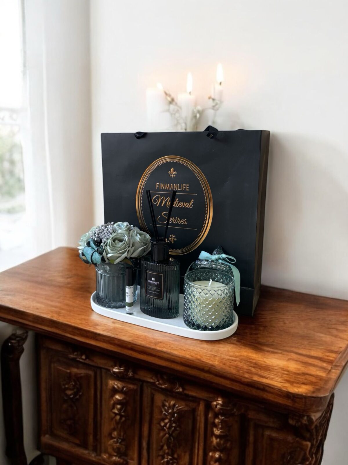 Ekselans EK-562 - Luxe Geurenset met Diffuser, Geurkaars & Sierbloemen – Blauw - Image 3