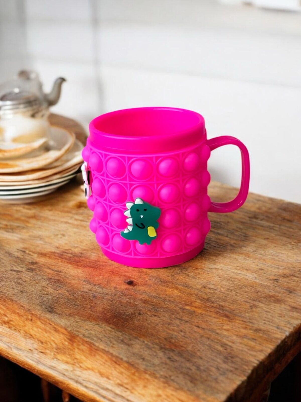 Ekselans EK-326 Roze Siliconen Drinkbeker met Handvat – Pop It Design – Inclusief Jibbitz-Stijl Versiering – 12 x 9,5 cm - Görsel 2