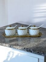 Ekselans EK-528 – 4-delige Set Keramische Kruidenpotjes – Wit met Goud – Inclusief Lepels, Deksel & Dienblad – 31 cm - Görsel 3