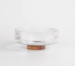 Acacia - Ronde Glazen Schaal met Acaciahouten Poot – Geribbeld - Ø26 cm – Hoogte 11 cm – Geschikt als Fruitschaal, Saladekom of Decoratieve Schaal