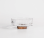Acacia – Ronde Glazen Geribbelde Schaal met Acaciahouten Poot – Ø20,7 cm – Hoogte: 9,5 cm – Geschikt als Fruitschaal, Saladekom of Decoratieve Schaal