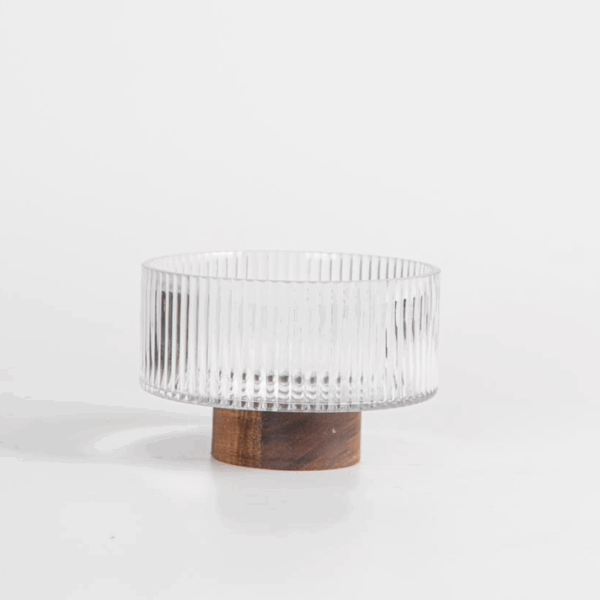 Acacia - Ronde Glazen Schaal met Houten Voet – Geribbeld – Ø14,8 cm – Hoogte 9,5 cm – Decoratief & Functioneel
