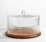 Acacia - Luxe Glazen Taartstolp met Acaciahouten Onderbord – Rond - Ø30,5 cm – Transparante Geblokte Deksel – Hoogte: 20,5 cm – Stijlvolle Taartdoos voor Serveren en Bewaren