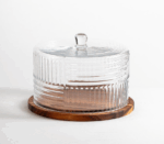 Acacia - Glazen Taartstolp met Houten Onderbord – Ø25 cm – Taartdoos met Deksel – Cake Dome – Serveerschaal voor Gebak, Kaas en Cupcakes – Transparant Geribbeld Glas – Hoogte:17,5 cm