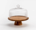 Acacia - Geribbelde Taartplateau op Voet van Acacia Hout – Glass Dome - Ø30,5 cm x H29,5 cm – Serveerschaal voor Taart, High Tea, Borrelhapjes – Handgemaakt & Duurzaam