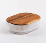 Acacia - Geribbelde Glazen Opbergdoos - met Acacia Houten Deksel – Ovale Vershouddoos / Snoepdoos / Voorraadpot - Luchtdicht – 25,5 x 18,5 cm – Hoogte 7,5 cm – Duurzaam & Stijlvol Opbergen