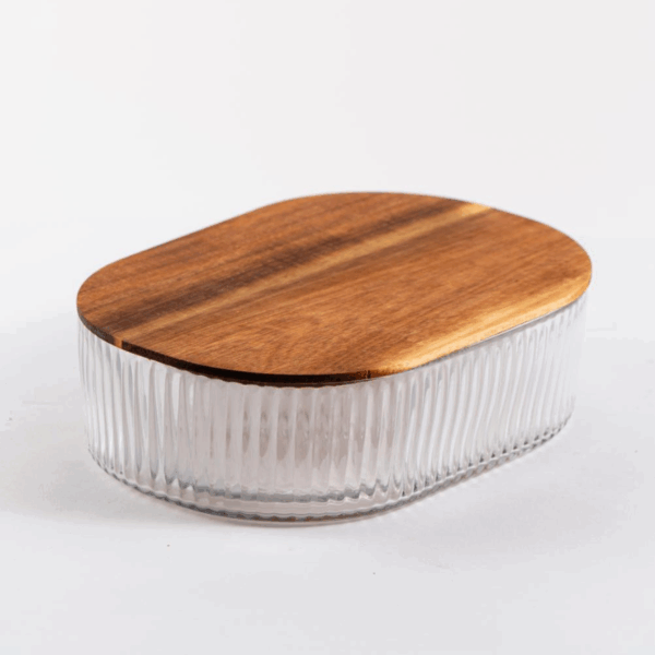 Acacia - Geribbelde Glazen Opbergdoos - met Acacia Houten Deksel – Ovale Vershouddoos / Snoepdoos / Voorraadpot - Luchtdicht – 25,5 x 18,5 cm – Hoogte 7,5 cm – Duurzaam & Stijlvol Opbergen