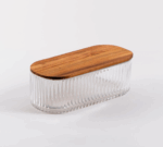 Acacia - Ovale Glazen Opbergdoos - met Acacia Houten Deksel – Geribbeld Glas – Luchtdicht – 26 x 11,8 cm – Voor Snoep, Noten, Snacks of Decoratief Gebruik