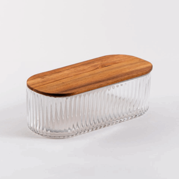 Acacia - Ovale Glazen Opbergdoos met Deksel van Acaciahout – Geribbeld Glas – 21,5 x 10,7 cm – Luchtdicht & Stijlvol – Voor Snoep, Snacks, Kruiden of Decoratie