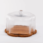 Acacia - Bloemvormige Glazen Stolp met Plateau van Acaciahout – Geribbeld Glas - Ø22,5 cm – H18 cm – Glass Dome voor Gebak, Kaas, Snacks of Decoratie