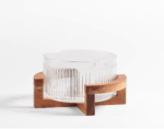 Acacia - Geribbelde Glazen Kom met Acaciahouten Houder – Ronde Serveerschaal – 22,2 x 17,5 x 11,3 cm – Luxe Kom voor Salades, Snacks, Fruit of Decoratief Gebruik
