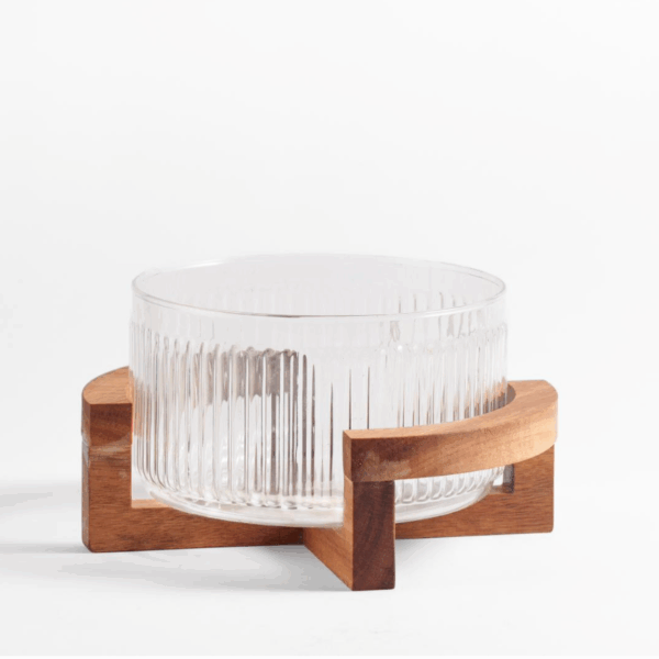Acacia - Geribbelde Glazen Kom met Acaciahouten Houder – Ronde Serveerschaal – 22,2 x 17,5 x 11,3 cm – Luxe Kom voor Salades, Snacks, Fruit of Decoratief Gebruik