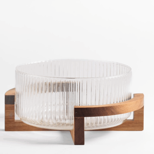 Acacia - Geribbelde Glazen Kom met Acaciahouten Houder – Rond – 28 x 23,2 x 13,4 cm – Snackkom/Serveerschaal voor Salades, Fruit, Hapjes en Decoratie