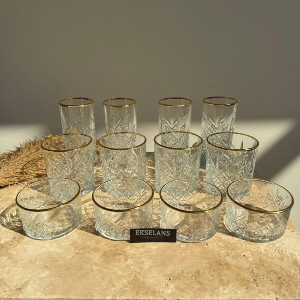 Pasabahce Timeless – 12-Delige Glazenset – Kristalglas – Met Gouden Rand - Luxe Drinkglazen & Schaaltjes